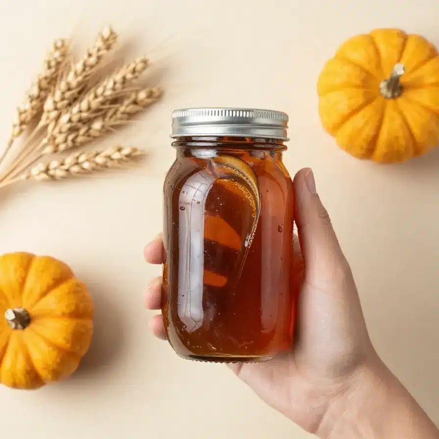 Homemade pumpkin coffee syrup in a glass jar with cinnamon sticks and star anise beside it