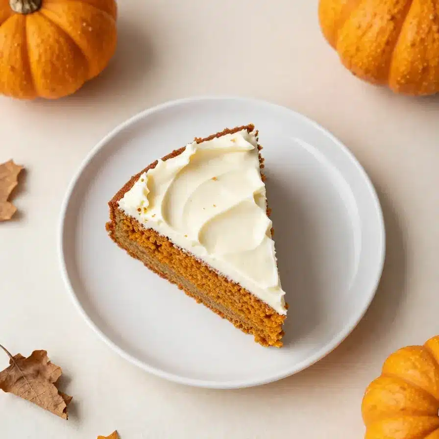 A moist pumpkin cake topped with smooth cream cheese frosting and a light dusting of cinnamon.
