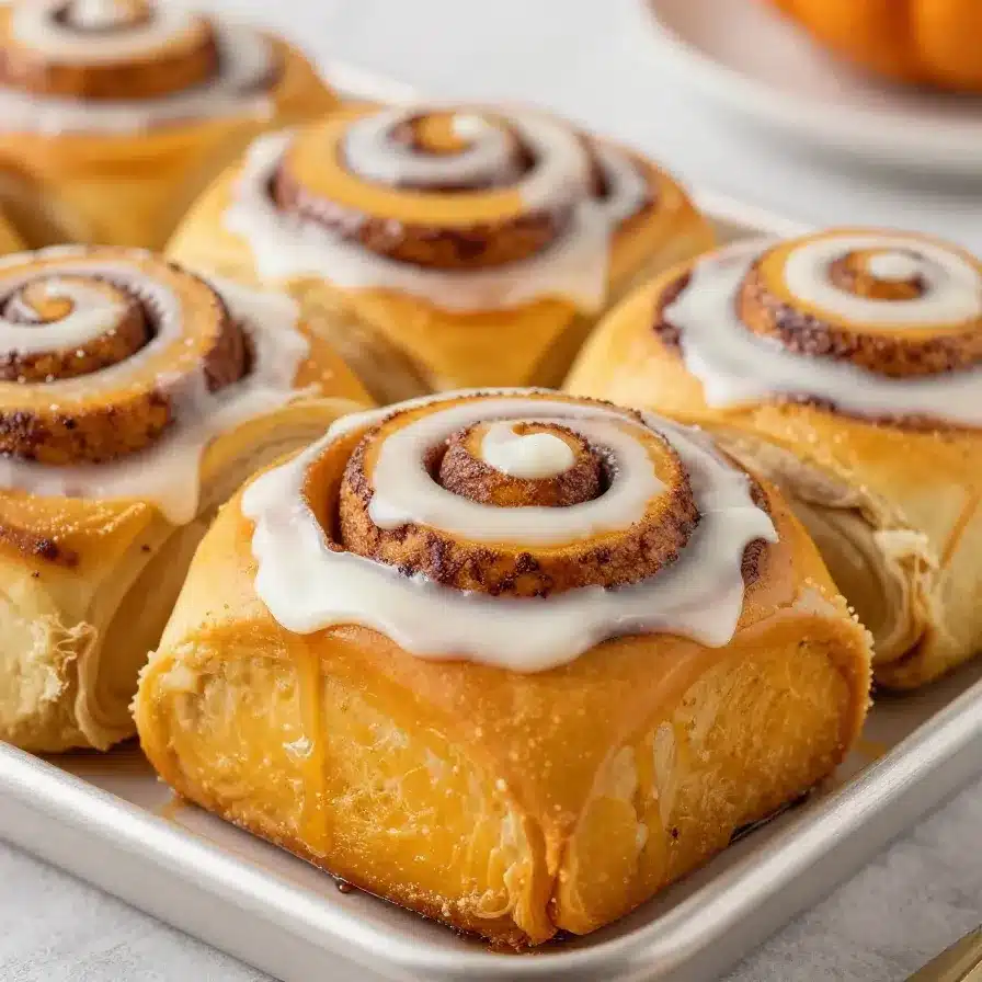 The Best Pumpkin Spice Cinnamon Rolls with Cream Cheese Icing 5 Freshly baked pumpkin spice cinnamon rolls topped with creamy cream cheese icing on a white serving plate