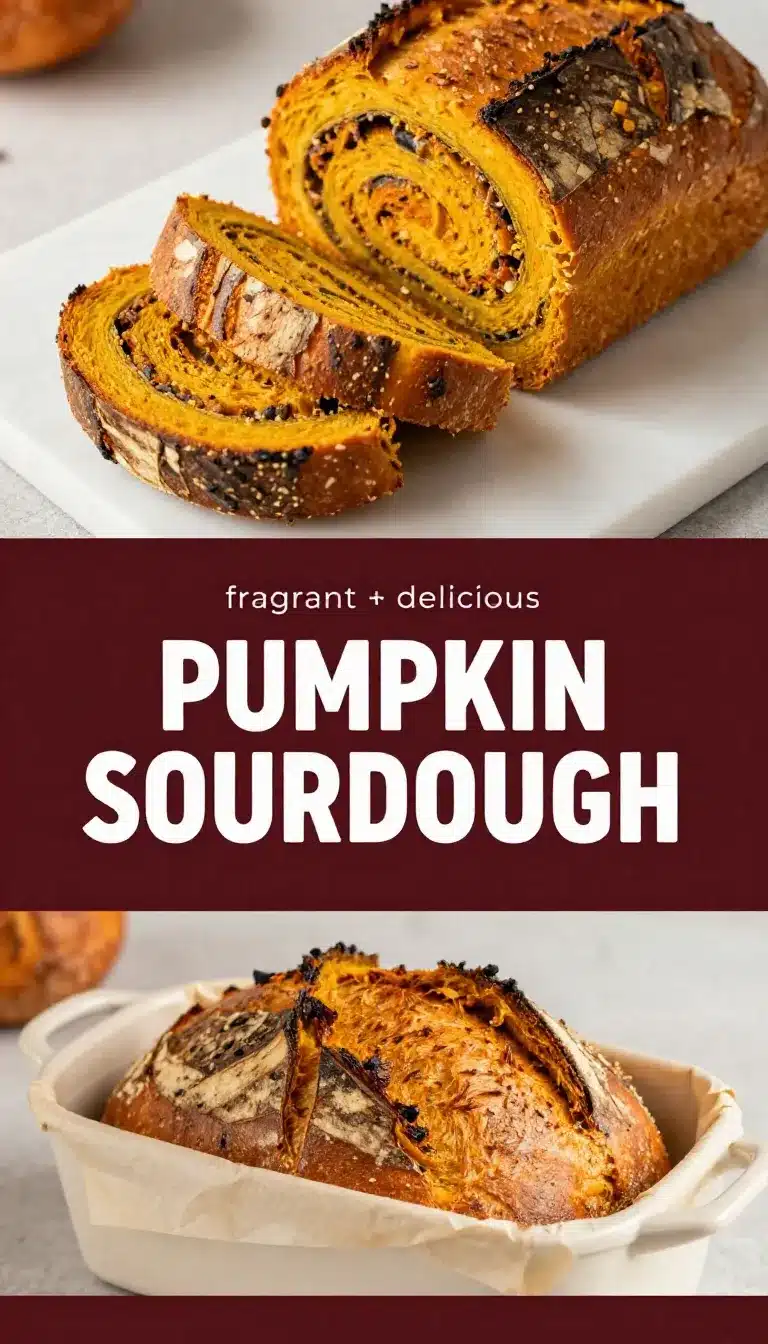 A loaf of pumpkin sourdough bread with a golden crust, pumpkin spice, and dried cranberries on a wooden cutting board