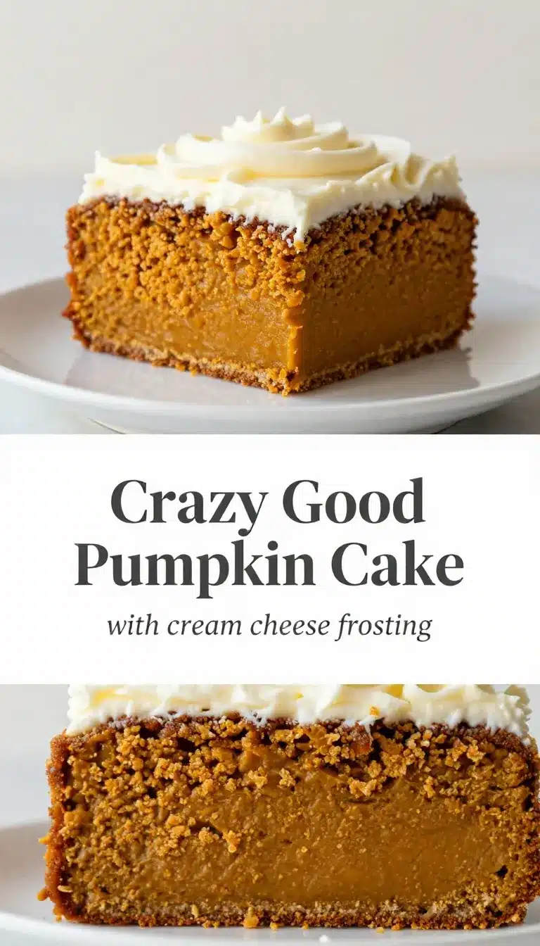 A moist pumpkin cake topped with smooth cream cheese frosting and a light dusting of cinnamon.