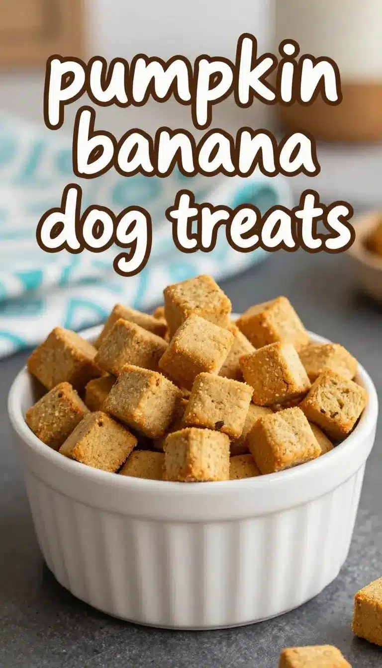 Pumpkin Banana Dog Treats 10 Homemade pumpkin banana dog treats shaped like bones on a baking sheet