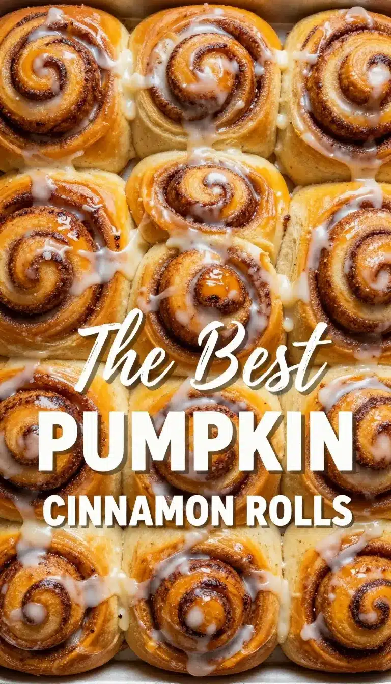 The Best Pumpkin Spice Cinnamon Rolls with Cream Cheese Icing 10 Freshly baked pumpkin spice cinnamon rolls topped with creamy cream cheese icing on a white serving plate