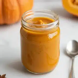 A small bowl of sweet pumpkin spice sauce with warm autumn spices and a smooth glossy texture
