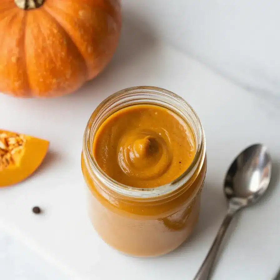 A small bowl of sweet pumpkin spice sauce with warm autumn spices and a smooth glossy texture