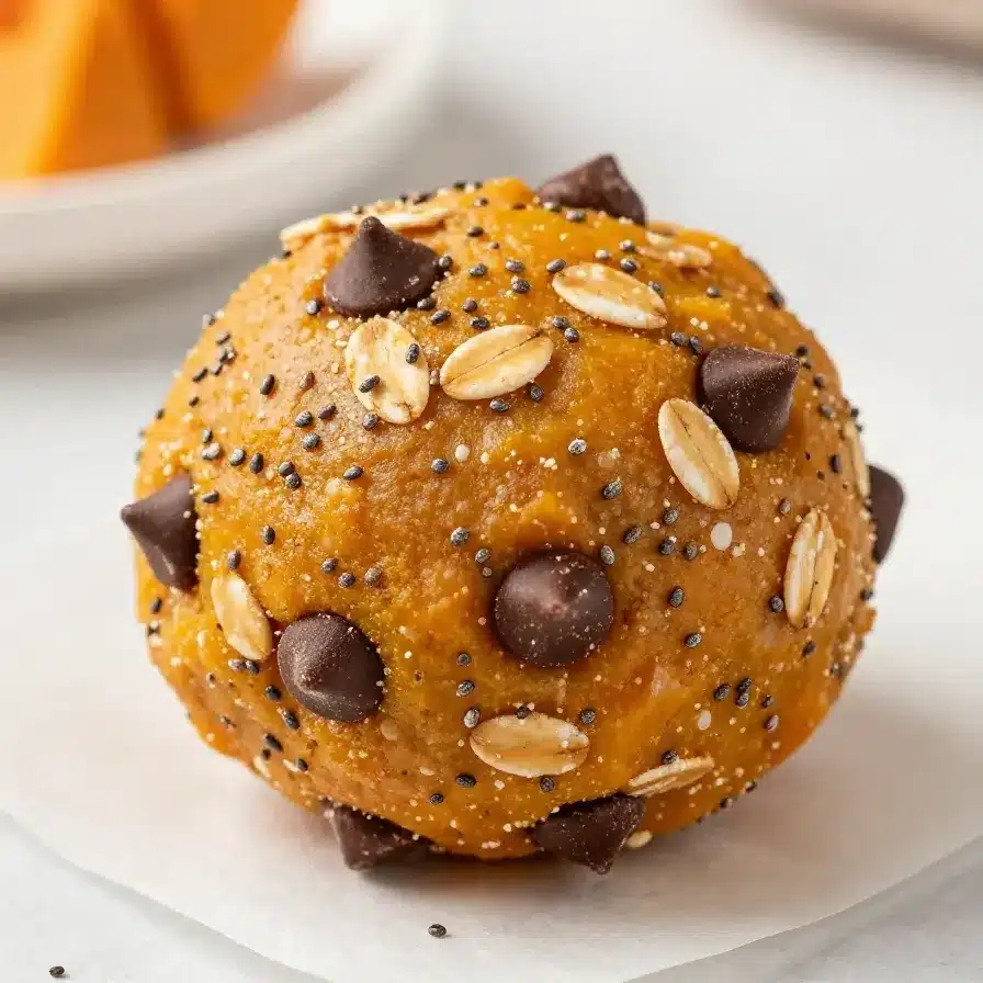 Pumpkin spice energy bites rolled in oats and pumpkin seeds on a white plate