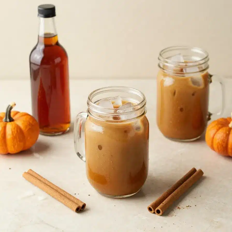 Healthy Homemade Vegan Pumpkin Spice Syrup for Coffee and Cocktails 5 A glass bottle of homemade vegan pumpkin spice syrup beside pumpkin puree, cinnamon sticks, and star anise on a rustic kitchen counter.