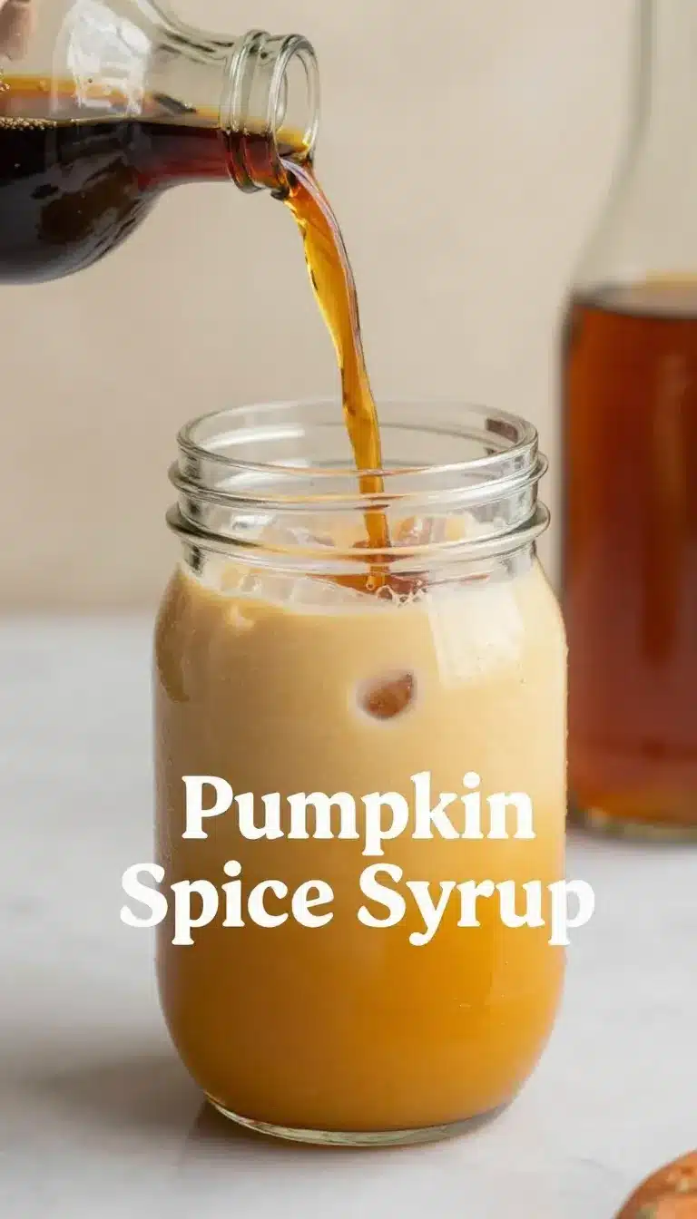 Healthy Homemade Vegan Pumpkin Spice Syrup for Coffee and Cocktails 9 A glass bottle of homemade vegan pumpkin spice syrup beside pumpkin puree, cinnamon sticks, and star anise on a rustic kitchen counter.
