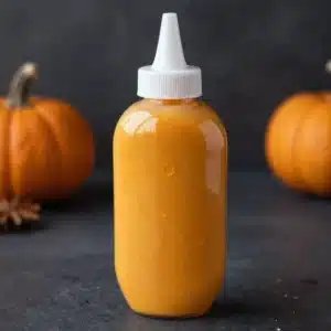 A small bowl of homemade pumpkin spice sauce with a spoon beside it, styled on a rustic kitchen table.