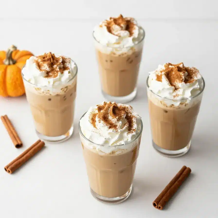 Pumpkin Spice Cold Brew Recipe 5 A glass of pumpkin spice cold brew topped with creamy foam, cinnamon, and a sprinkle of pumpkin spice on a wooden table.
