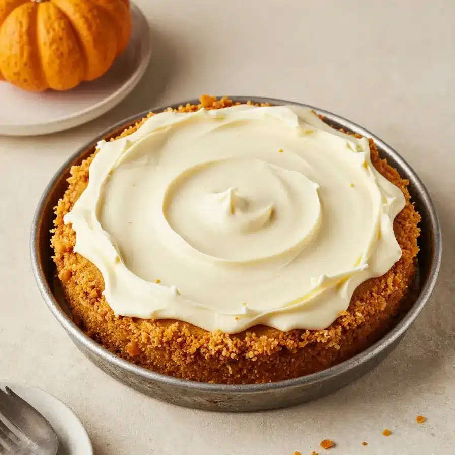 A moist pumpkin sheet cake topped with creamy frosting and a light dusting of cinnamon on a white baking tray