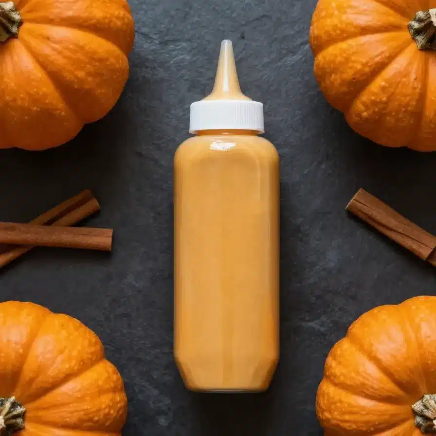 Pumpkin Spice Sauce Recipe 5 A small bowl of homemade pumpkin spice sauce with a spoon beside it, styled on a rustic kitchen table.