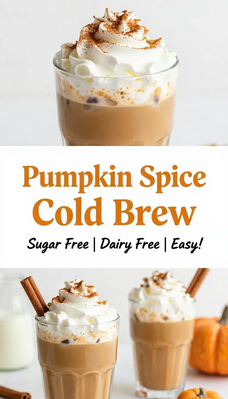 Pumpkin Spice Cold Brew Recipe 8 A glass of pumpkin spice cold brew topped with creamy foam, cinnamon, and a sprinkle of pumpkin spice on a wooden table.