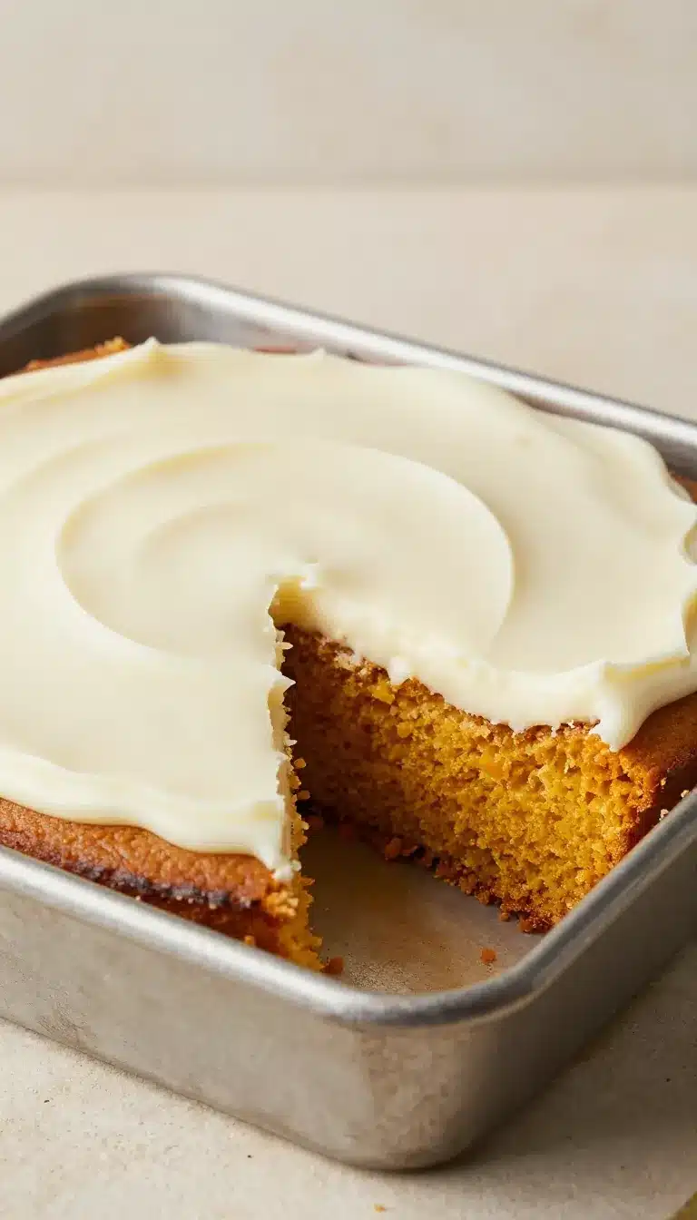 A moist pumpkin sheet cake topped with creamy frosting and a light dusting of cinnamon on a white baking tray
