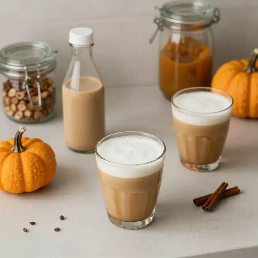 A glass of pumpkin white mocha cold brew topped with creamy foam and a sprinkle of spice.