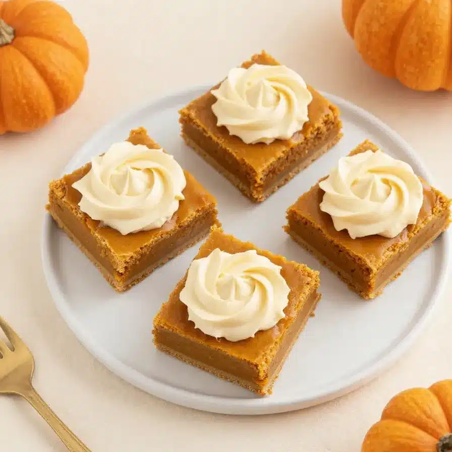 Paula Deen's Pumpkin Bars Recipe 5 Homemade Paula Deen pumpkin bars topped with creamy frosting on a white plate