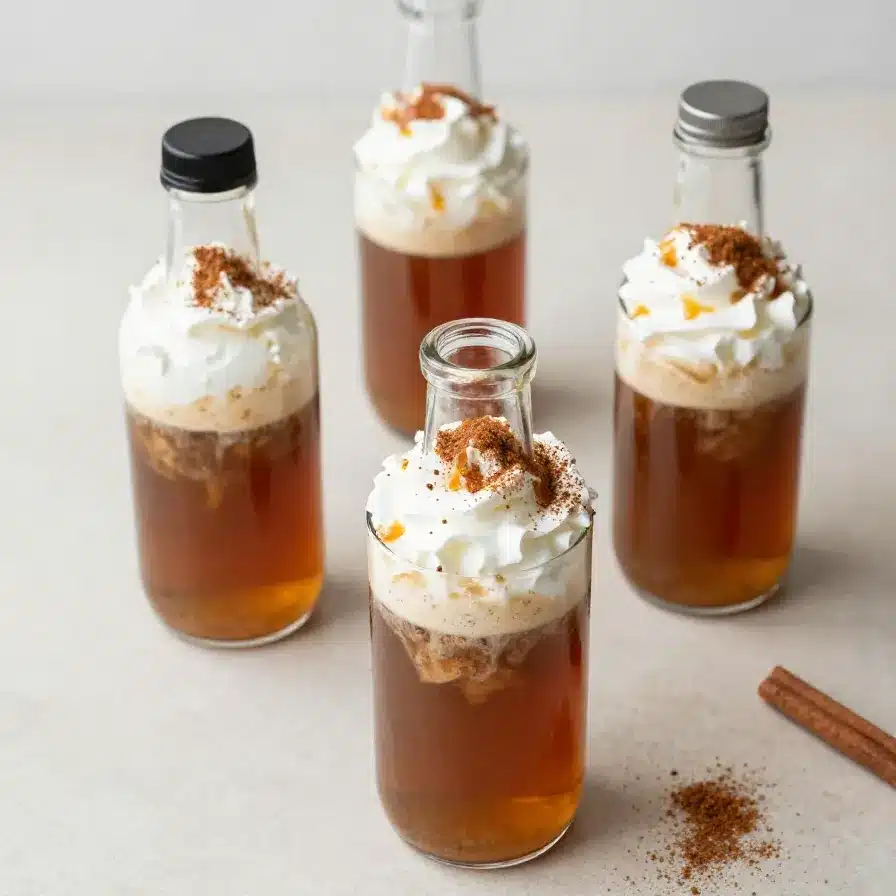 A glass bottle of homemade pumpkin spice coffee syrup surrounded by cinnamon sticks, pumpkin puree, whole cloves, and star anise on a rustic kitchen counter.