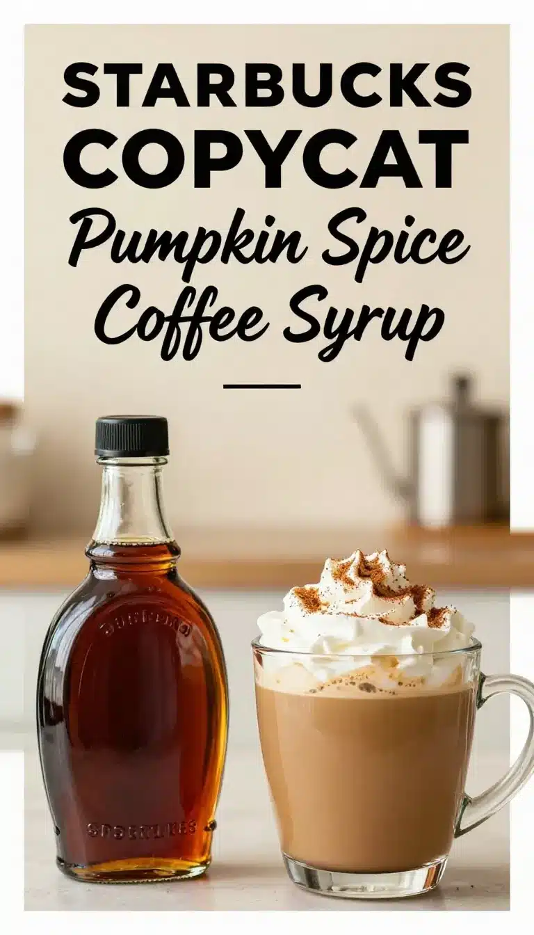 A glass bottle of homemade pumpkin spice coffee syrup surrounded by cinnamon sticks, pumpkin puree, whole cloves, and star anise on a rustic kitchen counter.