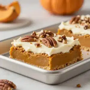 Pumpkin bars topped with creamy cream cheese frosting on a serving plate