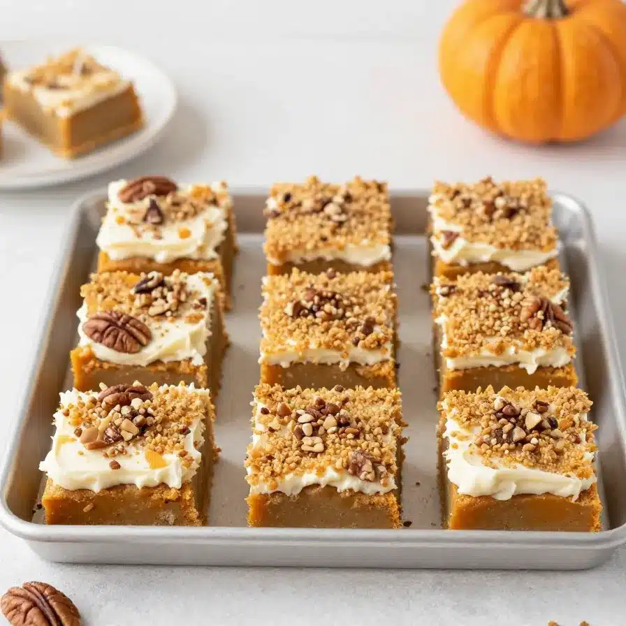 Paula Deen Pumpkin Bars with Cream Cheese Frosting 5 Pumpkin bars topped with creamy cream cheese frosting on a serving plate
