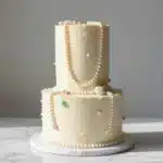 Cake with Gems and Pearls 2 Elegant cake decorated with colorful gems and pearl-like candies on a decorative stand.