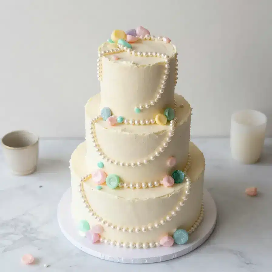 Elegant cake decorated with colorful gems and pearl-like candies on a decorative stand.