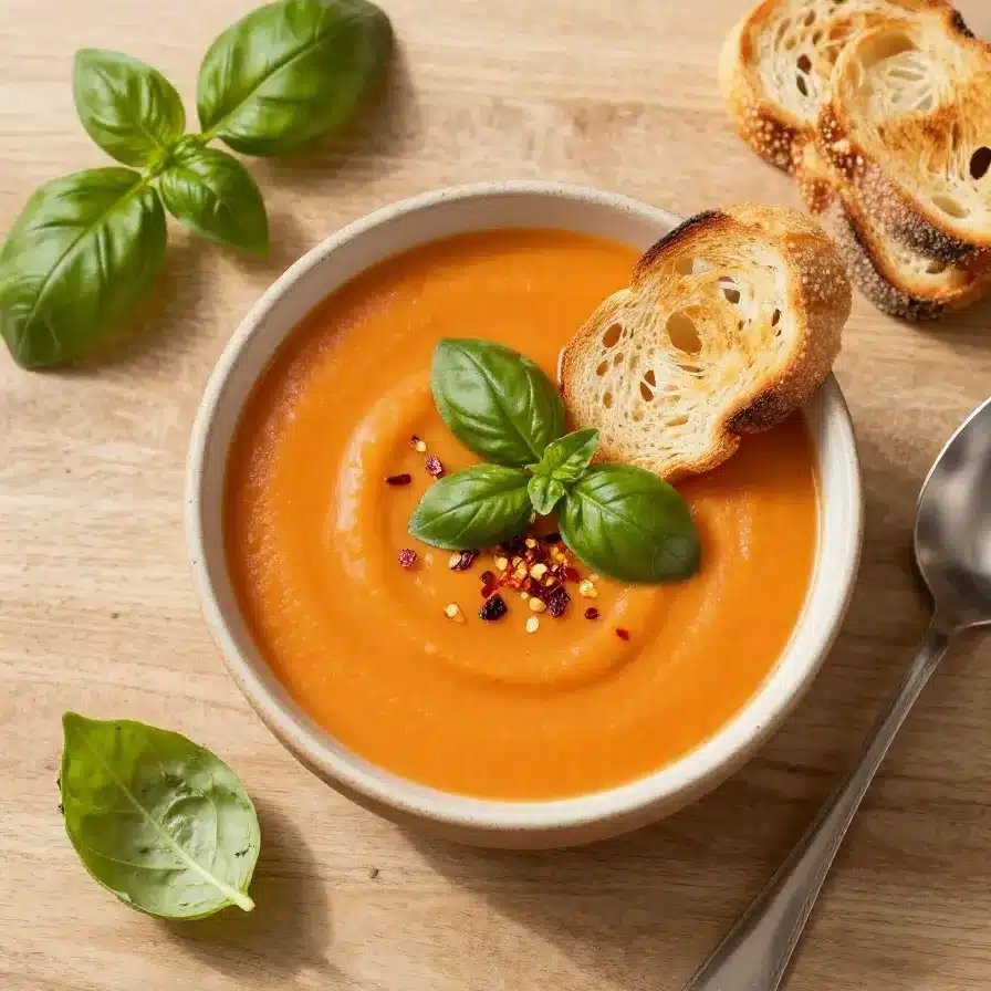 A warm bowl of middle-of-winter tomato soup made with canned tomatoes, served with a swirl of cream and crusty bread.