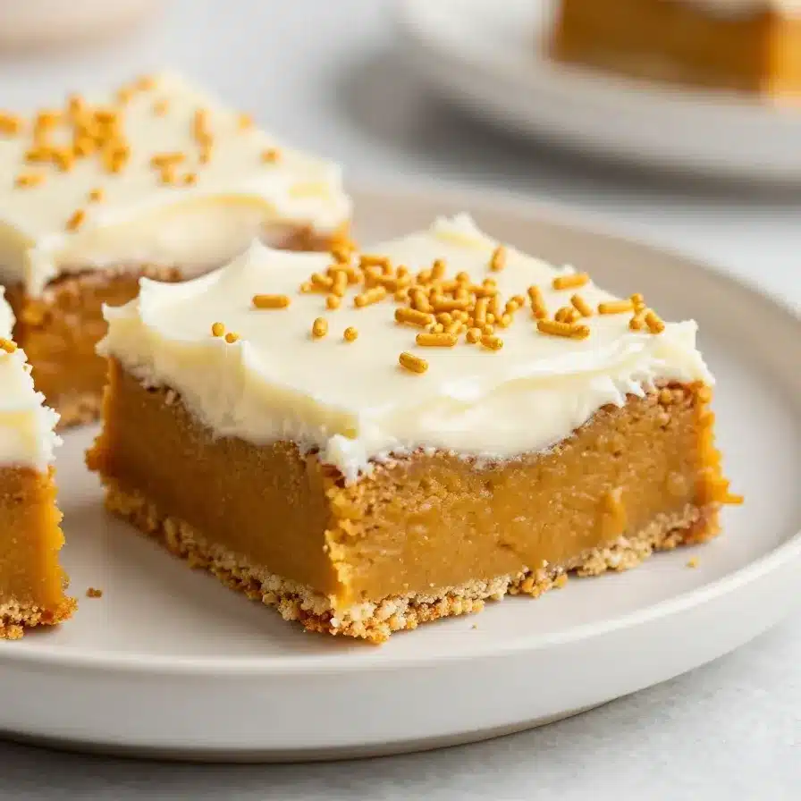 A tray of pumpkin bars topped with creamy cream cheese frosting, cut into squares and lightly dusted with cinnamon.