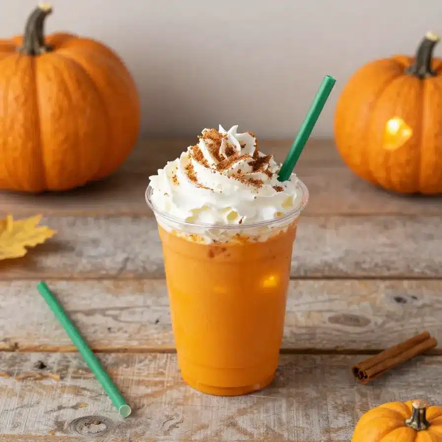 Candy Corn Latte Drink 5 A creamy candy corn latte in a clear glass topped with whipped cream and candy corn pieces on a fall-themed table.