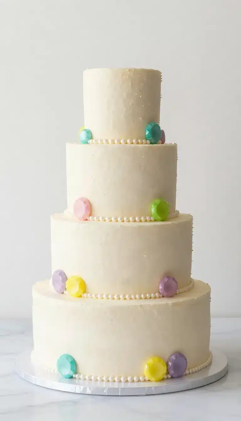 Elegant cake decorated with colorful gems and pearl-like candies on a decorative stand.