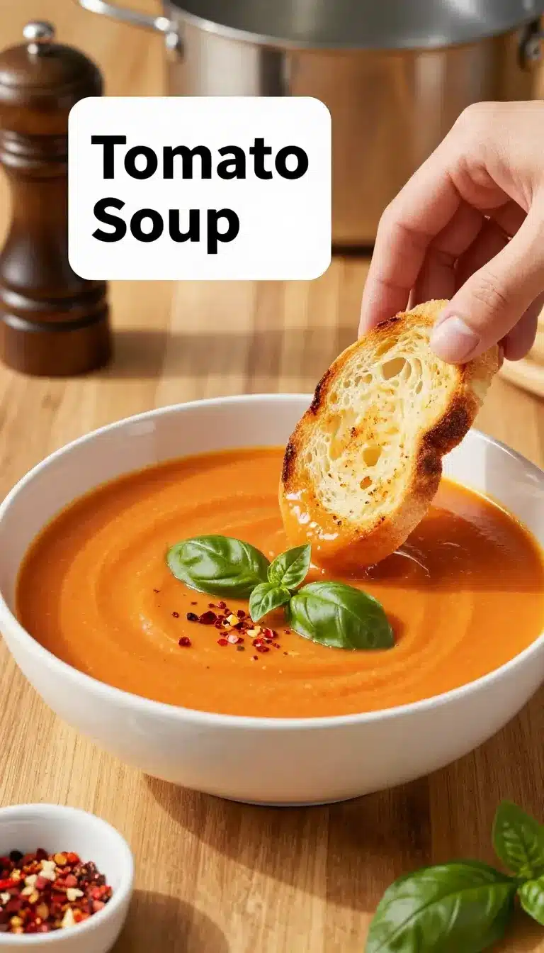 A warm bowl of middle-of-winter tomato soup made with canned tomatoes, served with a swirl of cream and crusty bread.