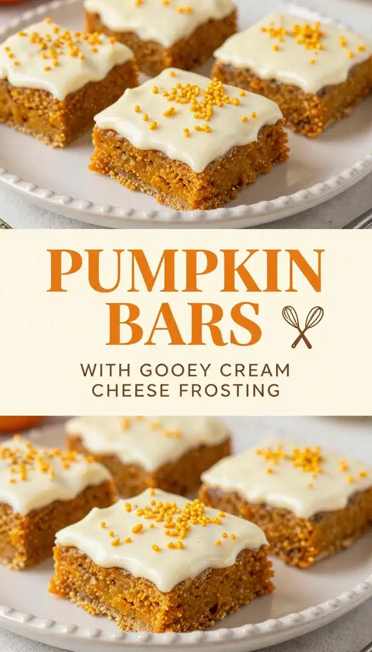 A tray of pumpkin bars topped with creamy cream cheese frosting, cut into squares and lightly dusted with cinnamon.