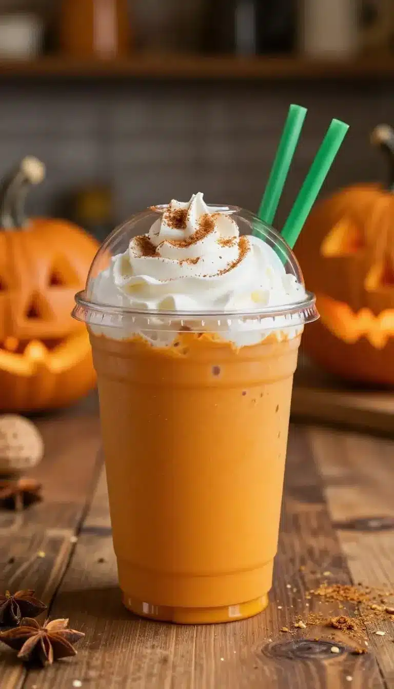 Candy Corn Latte Drink 8 A creamy candy corn latte in a clear glass topped with whipped cream and candy corn pieces on a fall-themed table.