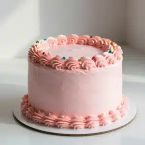 A pastel cake topped with colorful gemstone decorations on a decorative plate.