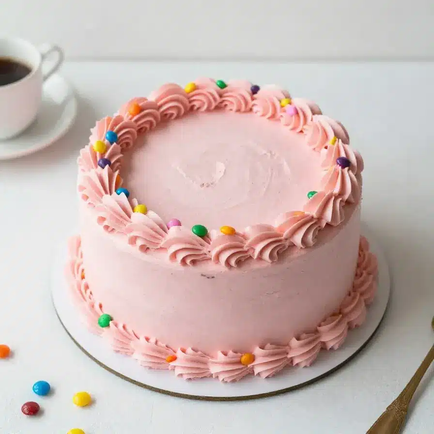 A pastel cake topped with colorful gemstone decorations on a decorative plate.