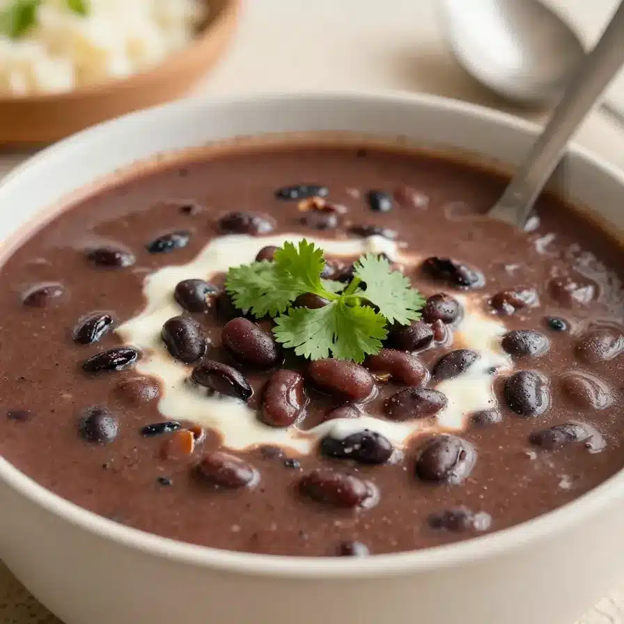A bowl of easy black bean soup topped with fresh cilantro and a dollop of sour cream, served with crusty bread.