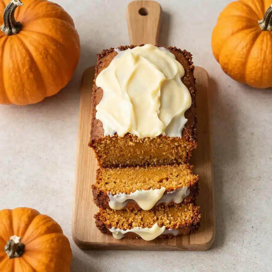 A sliced pumpkin loaf cake on a wooden board, showing a moist orange crumb and a light glaze on top.