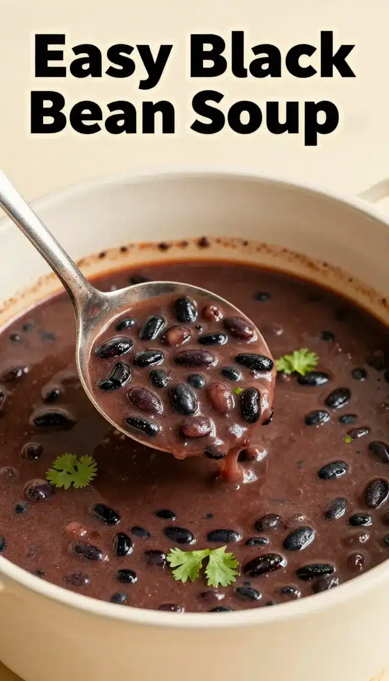 A bowl of easy black bean soup topped with fresh cilantro and a dollop of sour cream, served with crusty bread.
