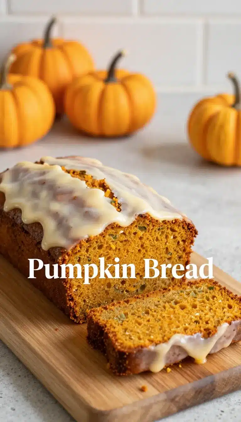 A sliced pumpkin loaf cake on a wooden board, showing a moist orange crumb and a light glaze on top.