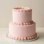Colorful macaron cake decorated with pastel macarons, fresh flowers, and cream frosting on a white cake stand.