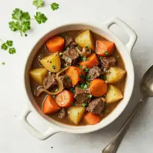 A hearty bowl of old fashioned beef stew with tender beef chunks, potatoes, carrots, and rich brown gravy