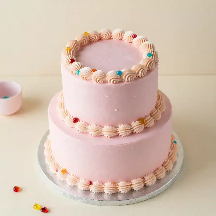 Macaron Cake 5 Colorful macaron cake decorated with pastel macarons, fresh flowers, and cream frosting on a white cake stand.