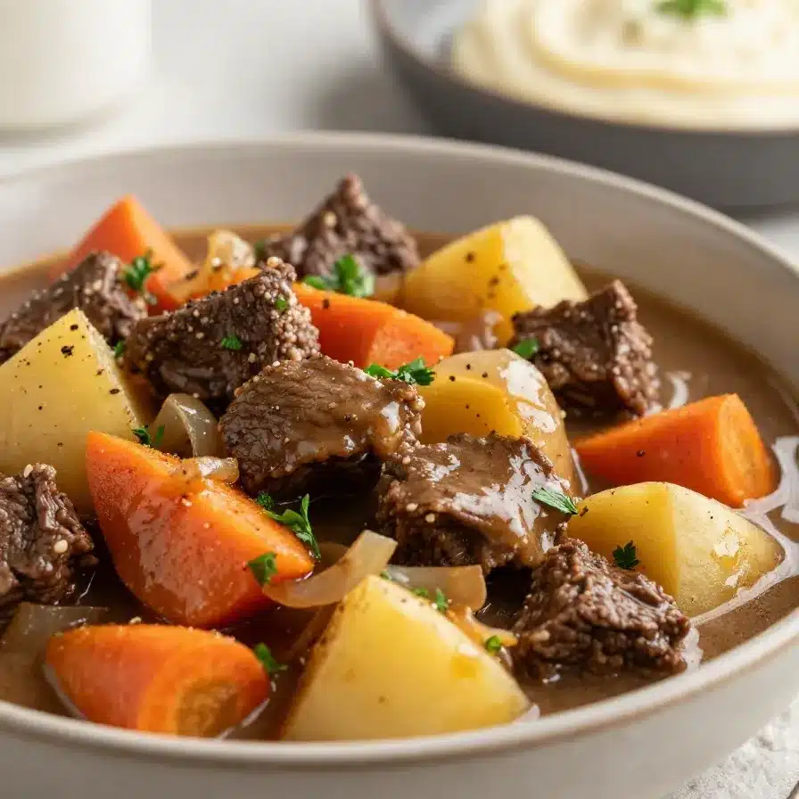 A hearty bowl of old fashioned beef stew with tender beef chunks, potatoes, carrots, and rich brown gravy