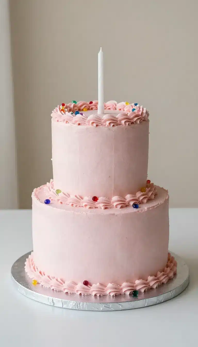 Macaron Cake 9 Colorful macaron cake decorated with pastel macarons, fresh flowers, and cream frosting on a white cake stand.