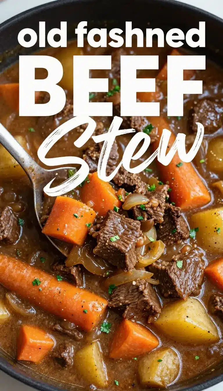 A hearty bowl of old fashioned beef stew with tender beef chunks, potatoes, carrots, and rich brown gravy