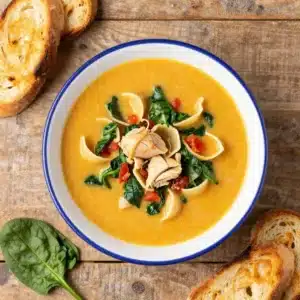 A creamy bowl of Marry Me Chicken Soup topped with fresh basil and grated Parmesan, served with crusty bread.