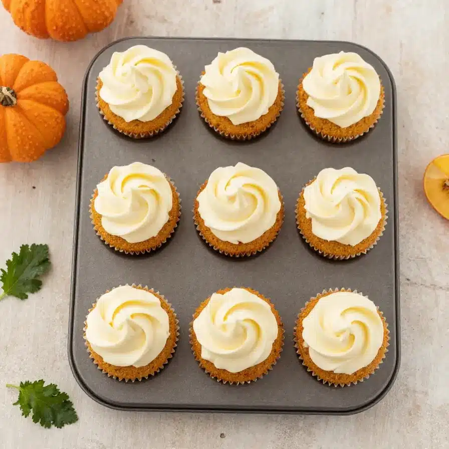 A plate of flourless pumpkin muffins topped with pumpkin seeds on a light wooden table