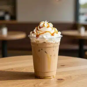 Iced pumpkin latte topped with whipped cream and caramel drizzle in a clear glass with ice cubes.