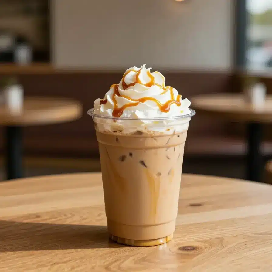 Iced Pumpkin Latte with Whipped Cream and Caramel Drizzle