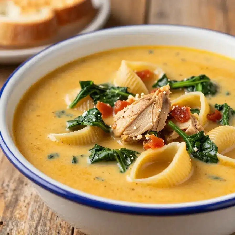 A creamy bowl of Marry Me Chicken Soup topped with fresh basil and grated Parmesan, served with crusty bread.